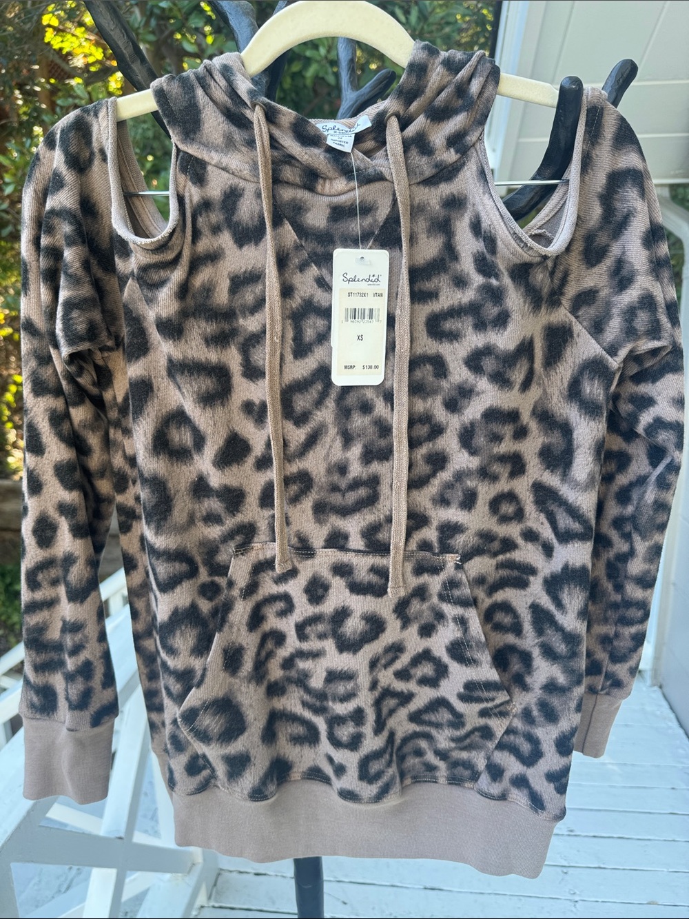 Solemio Taupe and Black Leopard Cold-Shoulder Hoodie